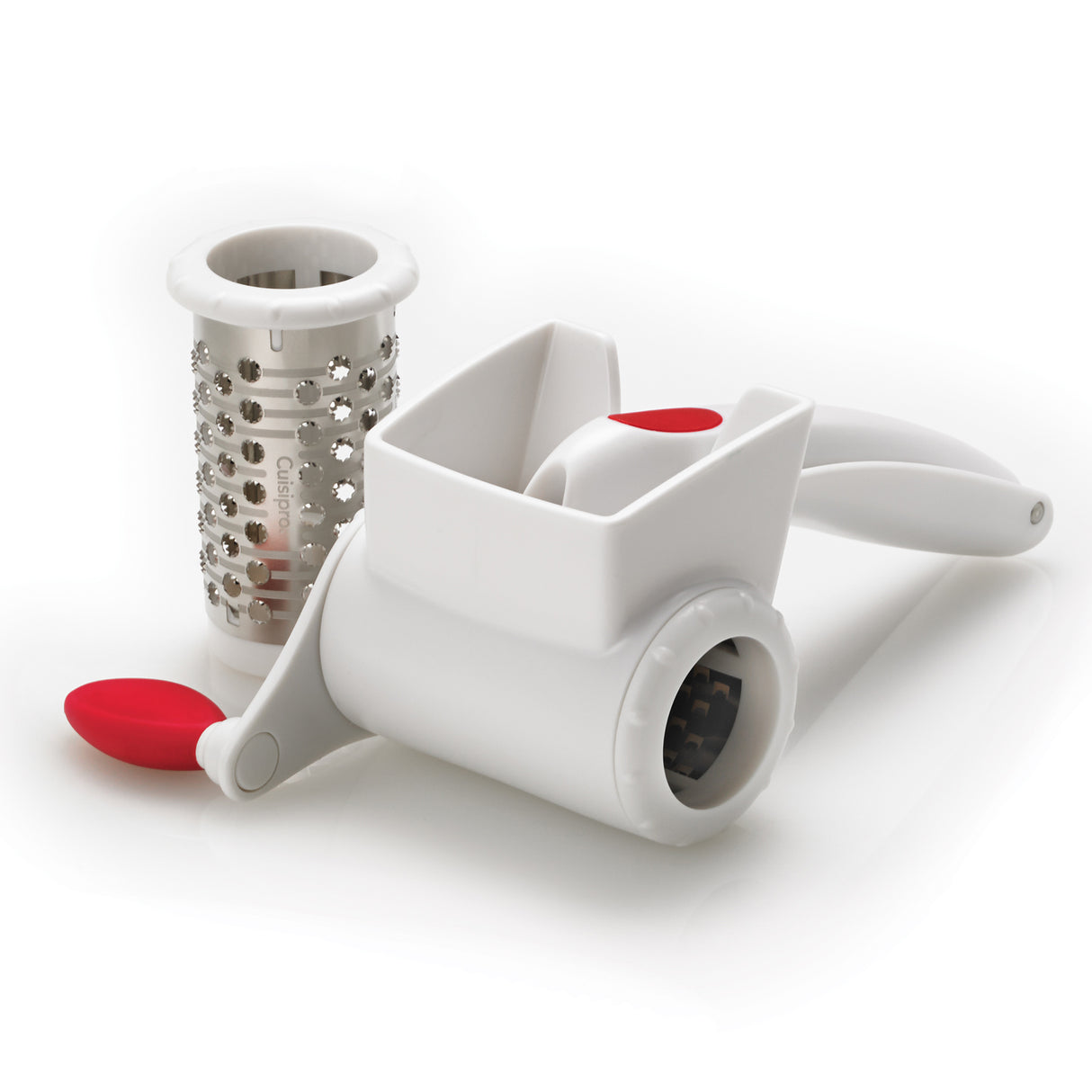 CUISIPRO Trommelreibe mit zwei weißen Trommeln, ideal zum Reiben von Käse und Gemüse, 29,2 cm groß.