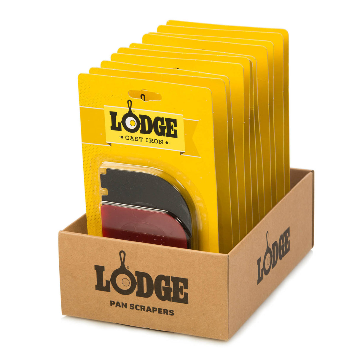 Schwarzer und roter Grill-Schaber von LODGE mit ergonomischem Griff, ideal zum Reinigen von Grillrosten.