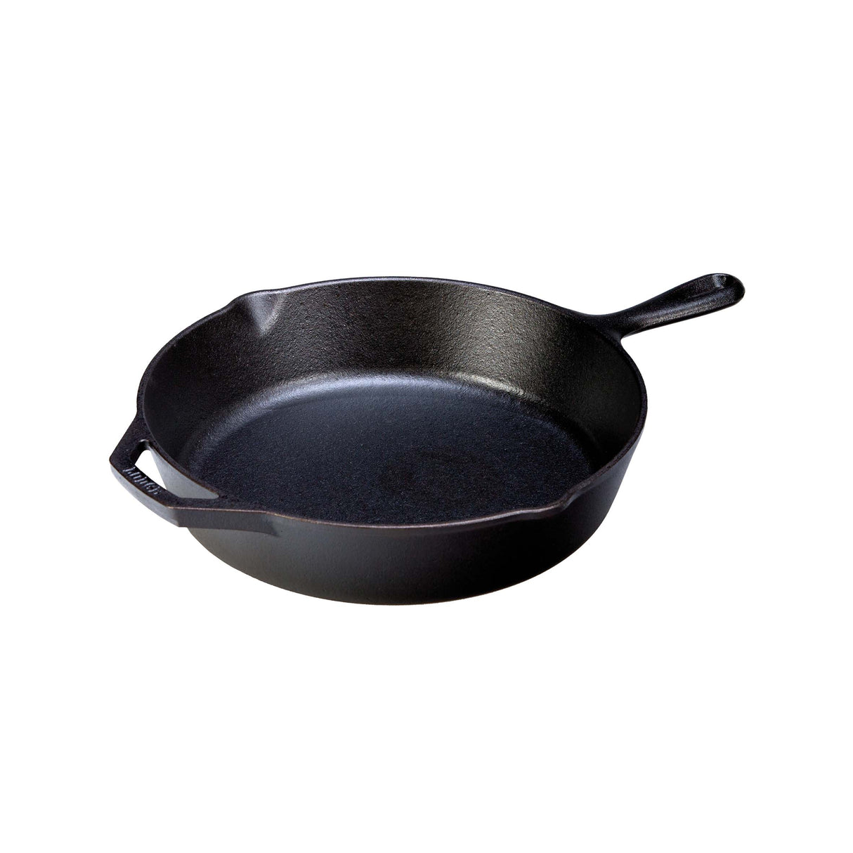 Schwarze gusseiserne Pfanne von LODGE, Classic-Serie, zeigt den runden Kochbereich und den stabilen Griff.