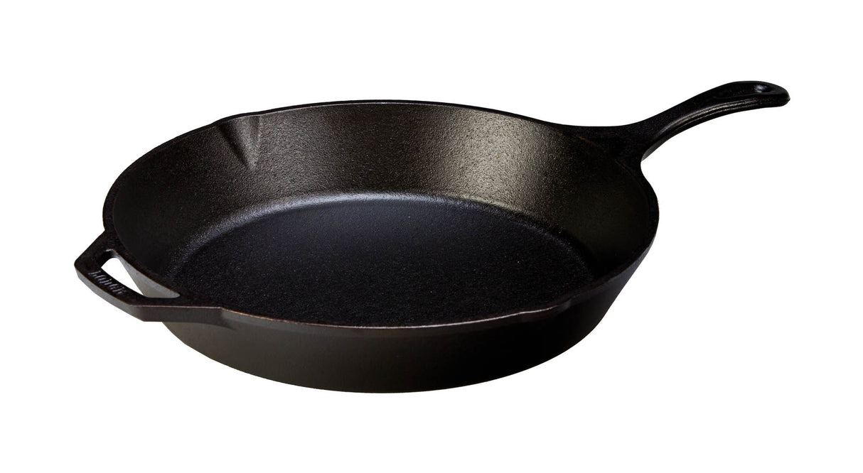 Schwarze Gusseiserne Pfanne von Lodge, Classic-Serie, mit Edelstahlgriff und glatter Kochfläche, ideal zum Braten und Sautieren