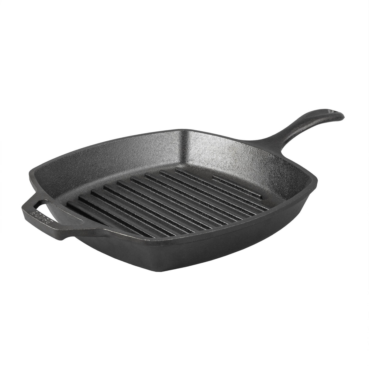 Schwarze quadratische Grillpfanne von LODGE, Classic-Serie, mit 26 cm Durchmesser, auf einer Küchenarbeitsplatte.