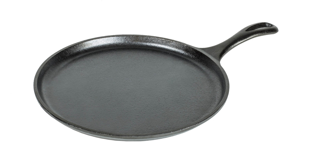 Schwarze flache Grillpfanne von LODGE, Classic-Serie, Durchmesser 26 cm, ideal zum Grillen und Braten.