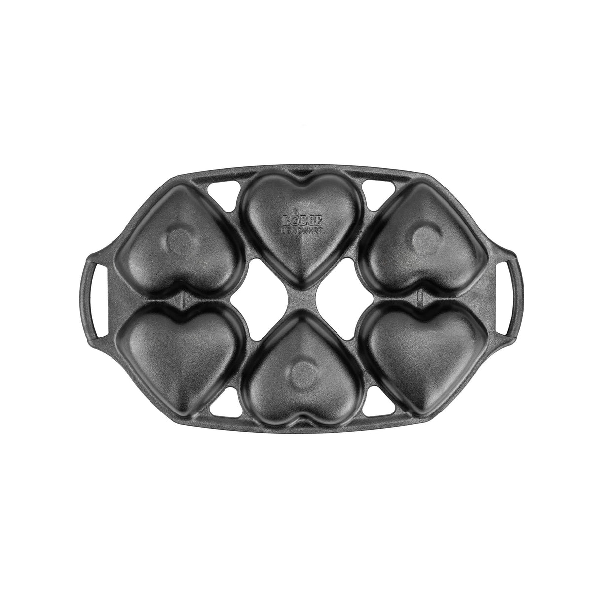 Schwarze LODGE Kuchenform in Herzform, ideal für Kuchen backen, mit sechs herzförmigen Vertiefungen.