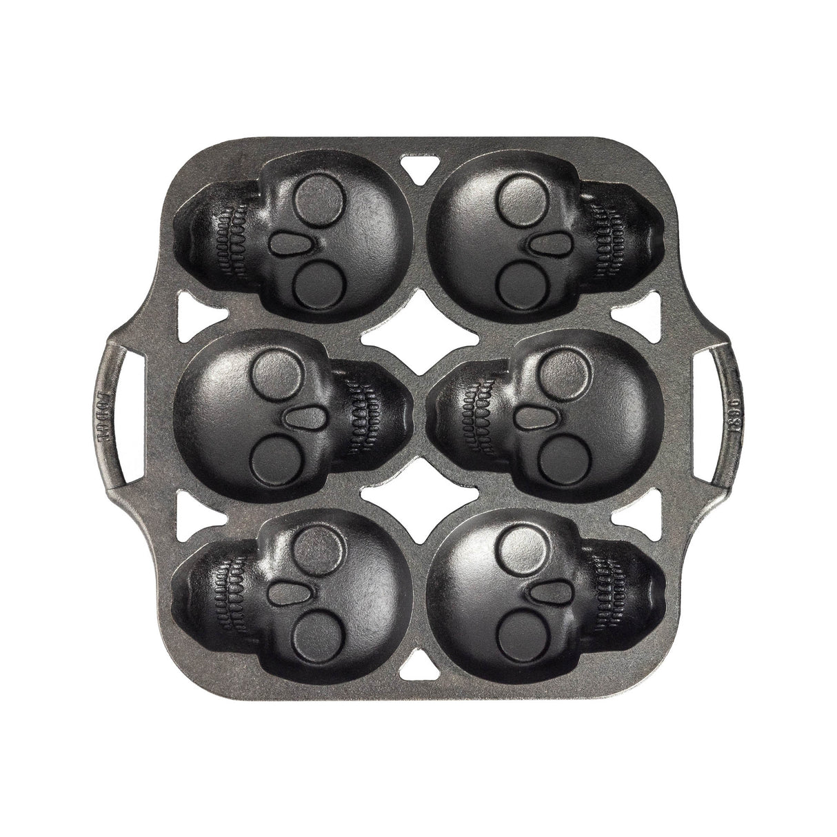 Schwarze Kuchenform von LODGE mit 6 Totenkopf-Designs, Edelstahl-Backform für kreative Kuchen und Desserts.