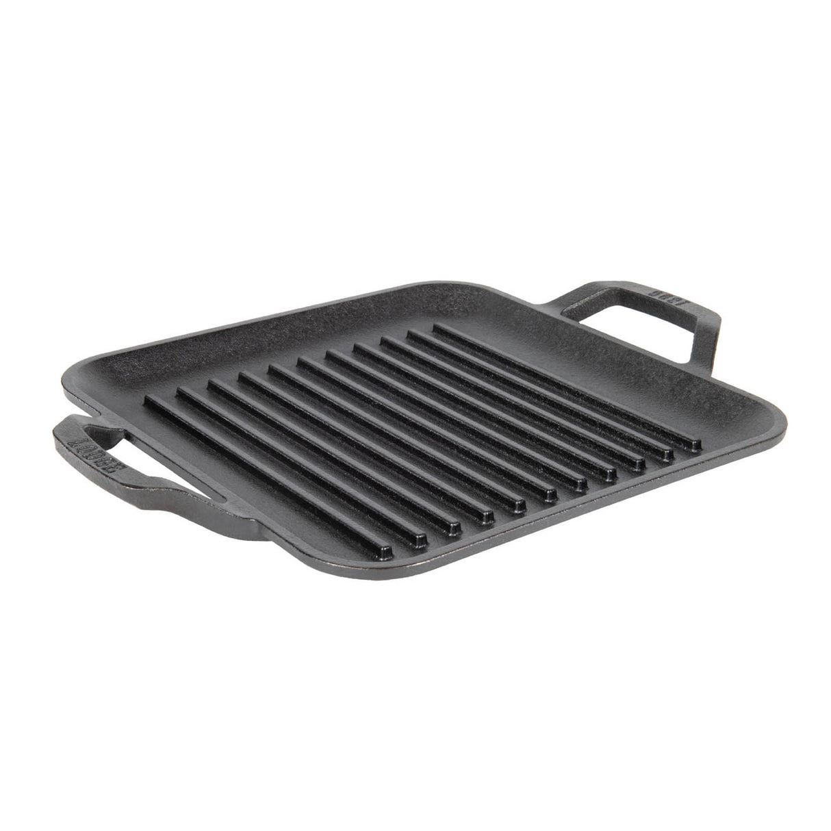 Quadratische Gusseiserne Grillpfanne von Lodge, schwarz, mit Griff, ideal für Grillgerichte und vielseitiges Kochen.
