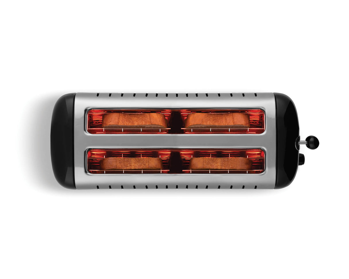Schwarzer Dualit Toaster Lite mit vier Scheiben, modernes Design, Edelstahl-Optik, sichtbare Toastscheiben, Küchenutensil