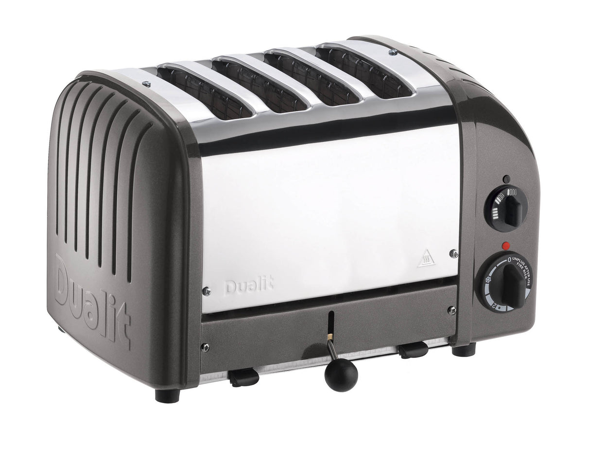 Grauer DUALIT Newgen Toaster aus Metall, 4 Scheiben, modernes Design, zeigt die Toastmaschine mit Edelstahloptik.