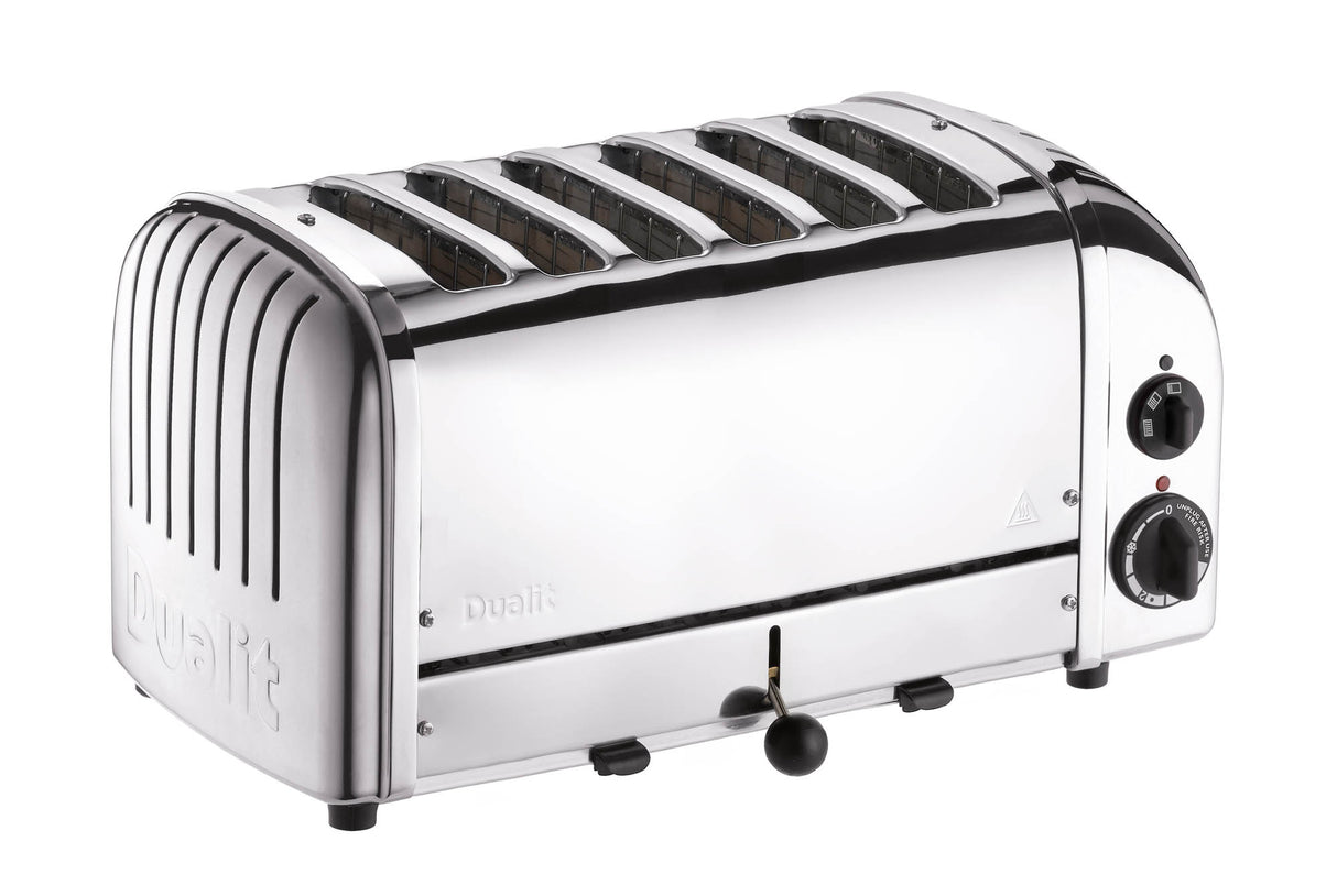 Polierter DUALIT Toaster NEWGEN mit 6 Scheiben, Edelstahl-Design, zeigt die Brot- und Toastscheiben im Inneren