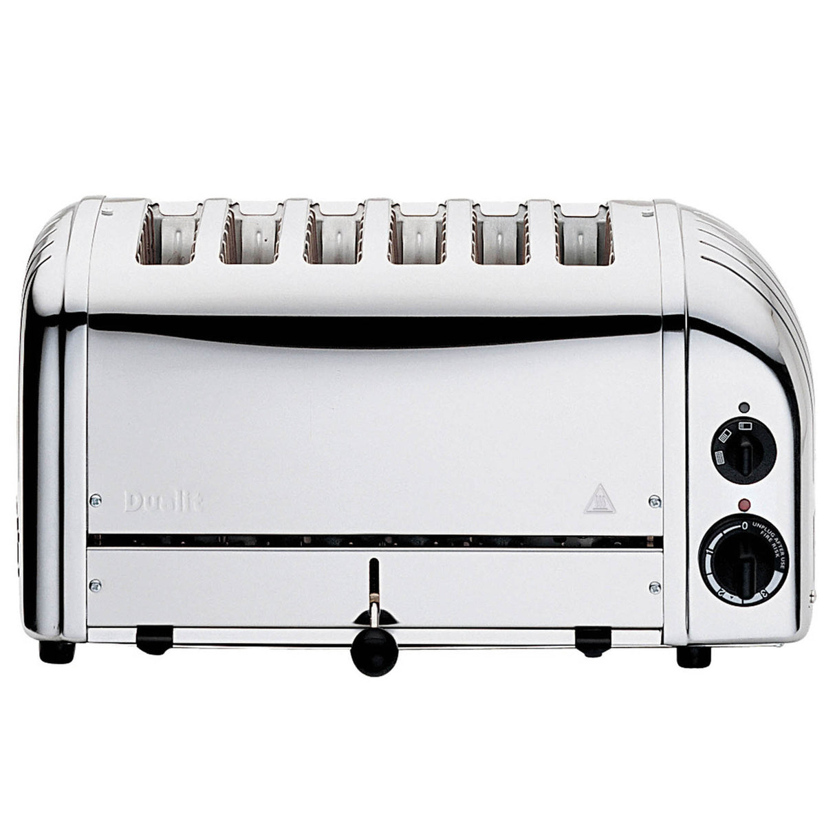 Dualit Toaster Classic aus Edelstahl, 6 Scheiben, modernes Design, zeigt die Toast-Fächer und Bedienelemente.