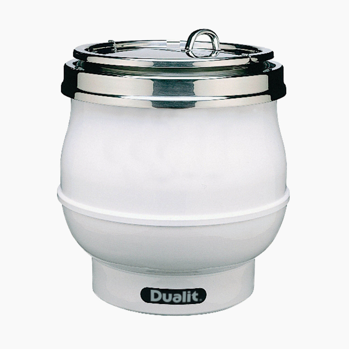 Weiße DUALIT Suppenkessel aus Edelstahl, 11 Liter, mit klarem Deckel und Griffen für Suppen und Eintöpfe.