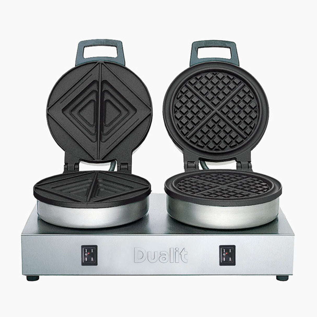 Dualit Kontakt-Toast- und Waffeleisen, poliert, geeignet für Catering, zeigt das elegante, gebürstete Edelstahlgerät.