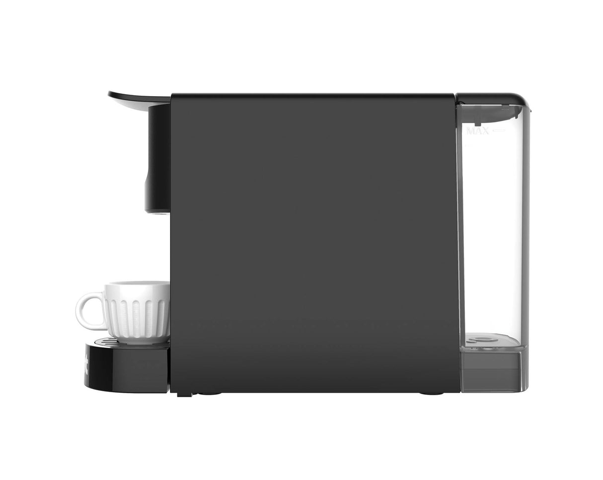 Schwarze DUALIT Kapselmaschine für Kaffee, 34 cm hoch, kompakte Kaffeemaschine mit modernem Design.