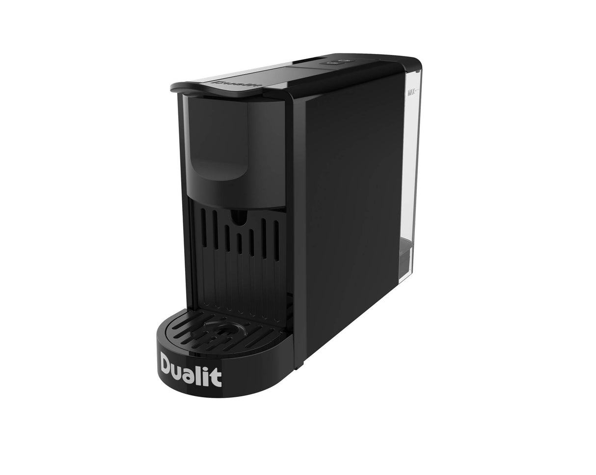 Schwarze DUALIT Kapselmaschine für Kaffee, 34 cm hoch, mit Bedienelementen und Kaffeespender sichtbar.