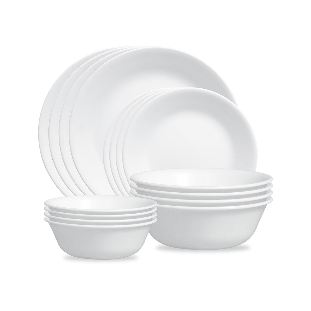Corelle Winter Frost white dinnerware set featuring plates and bowls with a frosted winter pattern on glossy ceramic.
