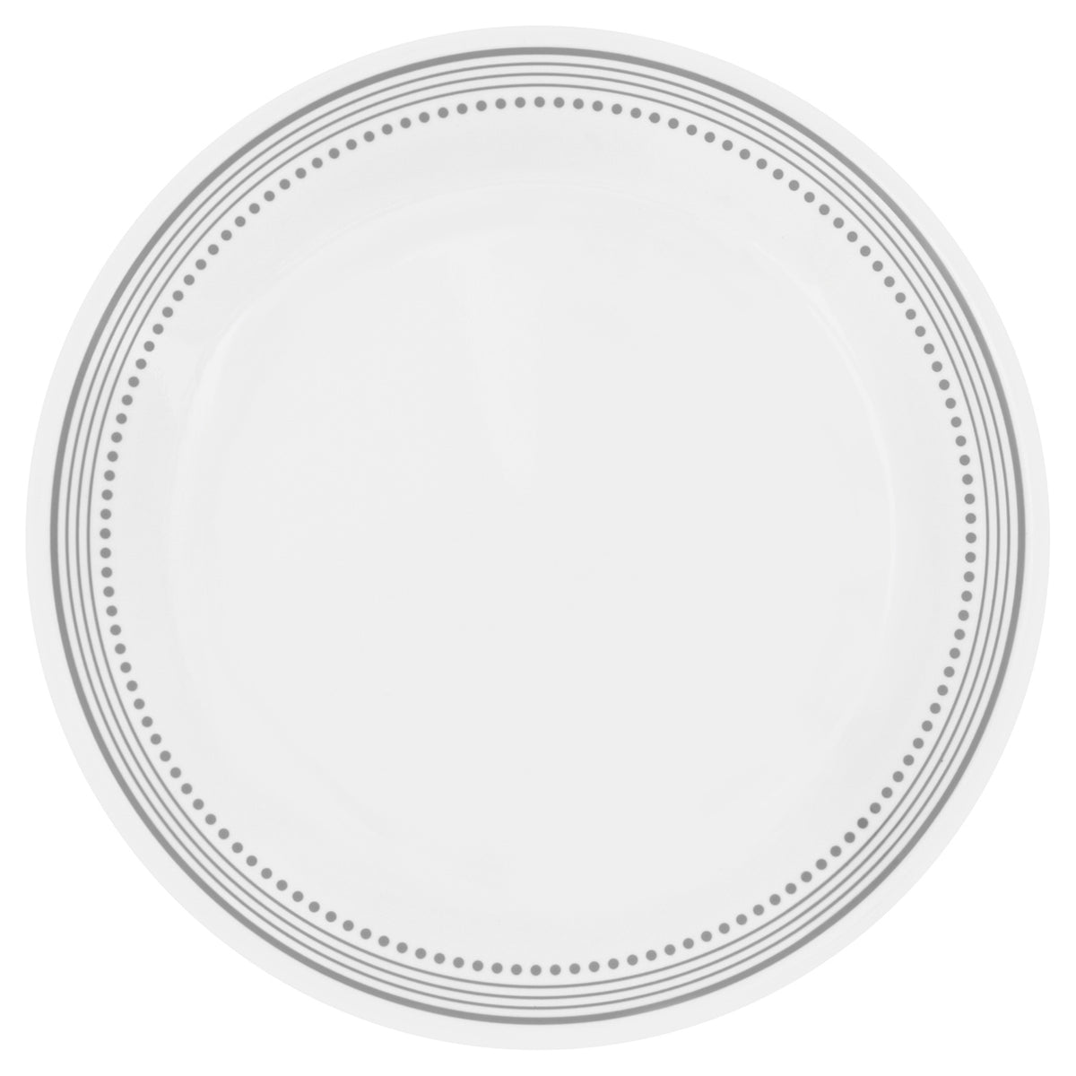 Corelle Mystic Grey dinnerware set featuring white plates with modern grey graphic design, durable ceramic dishware for everyday use.