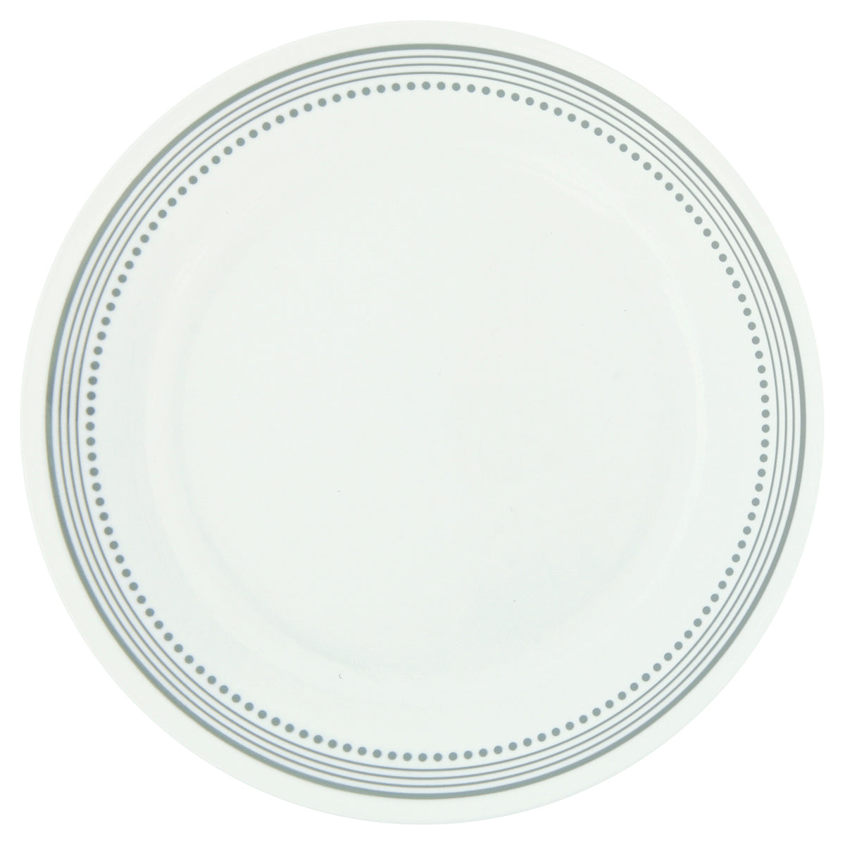 Corelle Mystic Grey dinnerware set featuring white plates with modern grey graphic design, stylish and durable ceramic dishes.