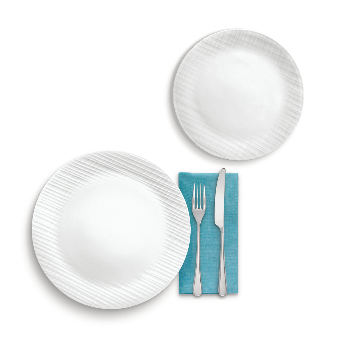 Corelle Linen Weave white dinnerware set with plates and bowls, durable porcelain dishes for everyday use.