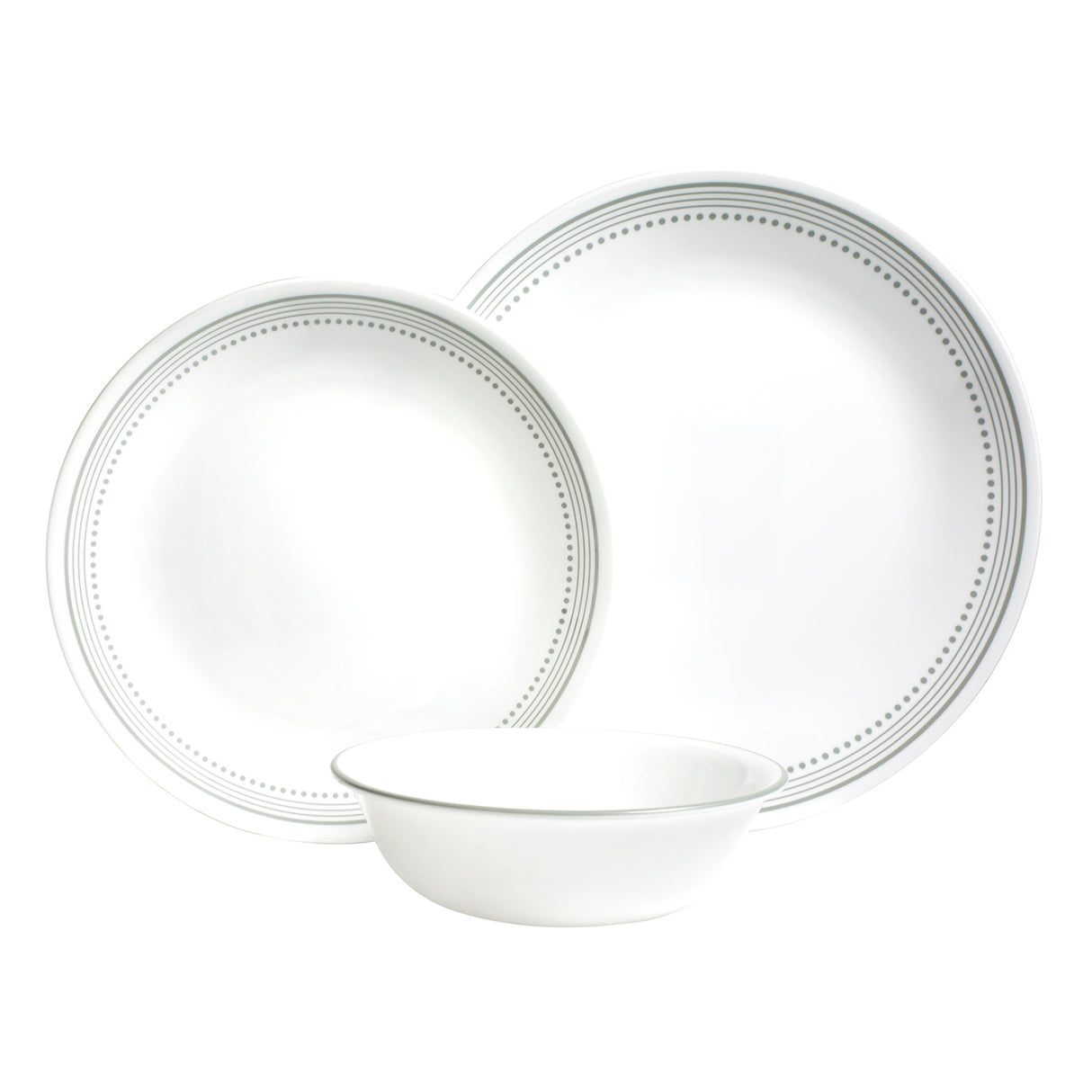 CORELLE Service in Mystic Gray mit weißen Geschirrteilen, zeigt Teller, Tassen und Schalen in elegantem Design