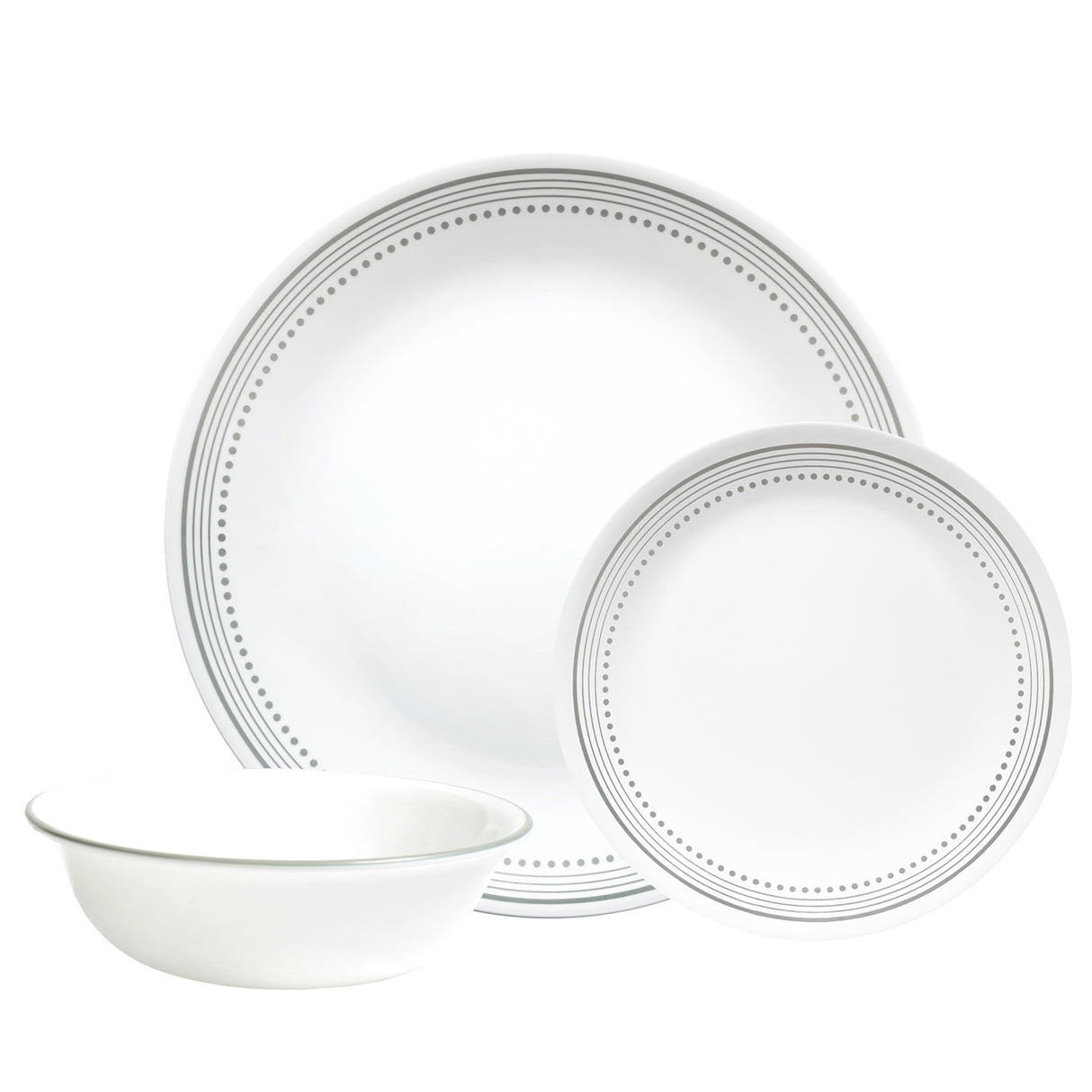 CORELLE Service in Mystic Gray und Weiß, Teller, Schalen und Tassen im eleganten Geschirrset, modernes Design, hochwertiges Porzellan