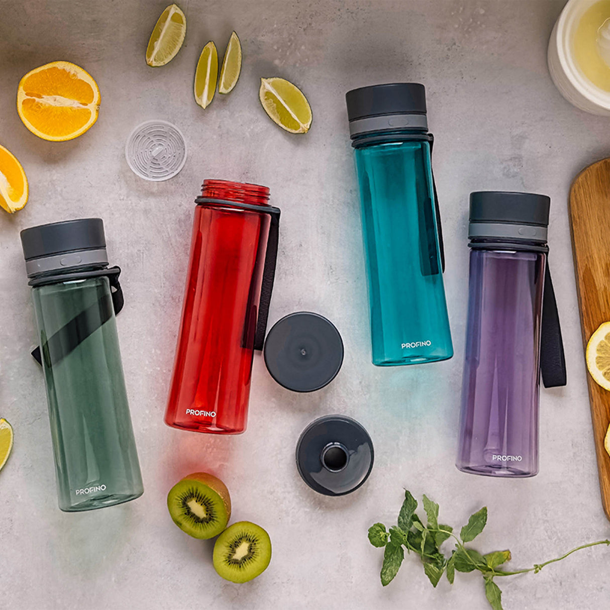 PROFINO Trinkflasche INFUZE, 600 ml, aus durchsichtigem Kunststoff mit Schraubverschluss, ideal für unterwegs