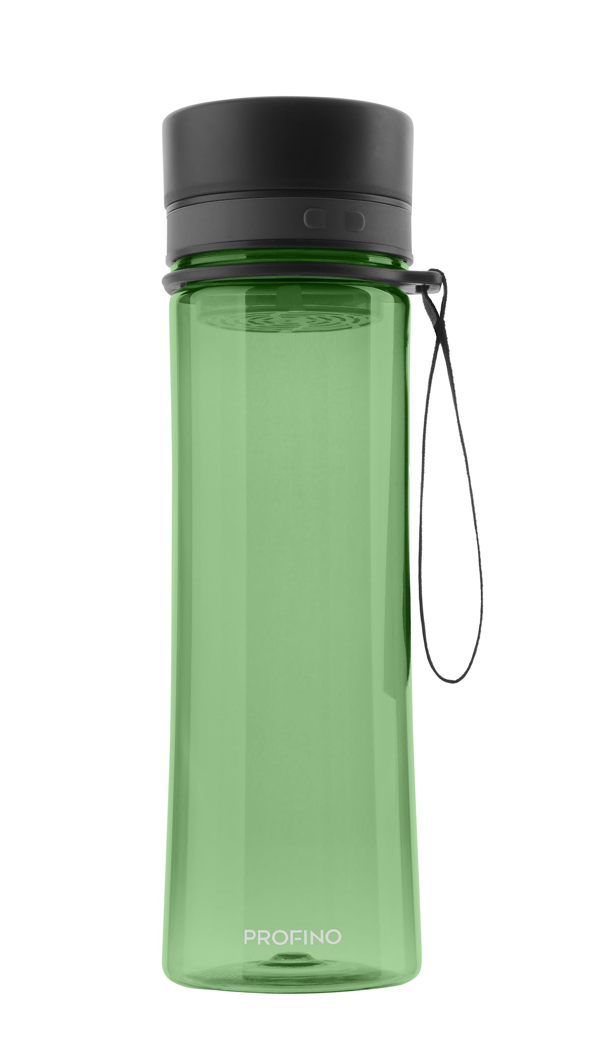 Grüne Profino Trinkflasche mit Siebeinsatz, 600 ml, aus durchsichtigem Kunststoff, mit Schraubverschluss und Messskala.