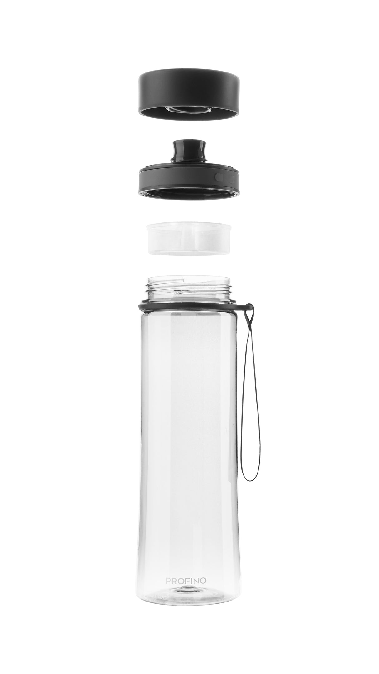Transparente Profino Trinkflasche 600 ml mit Siebeinsatz, ideal für Wasser und Fruchtinfusionen, aus langlebigem Kunststoff.