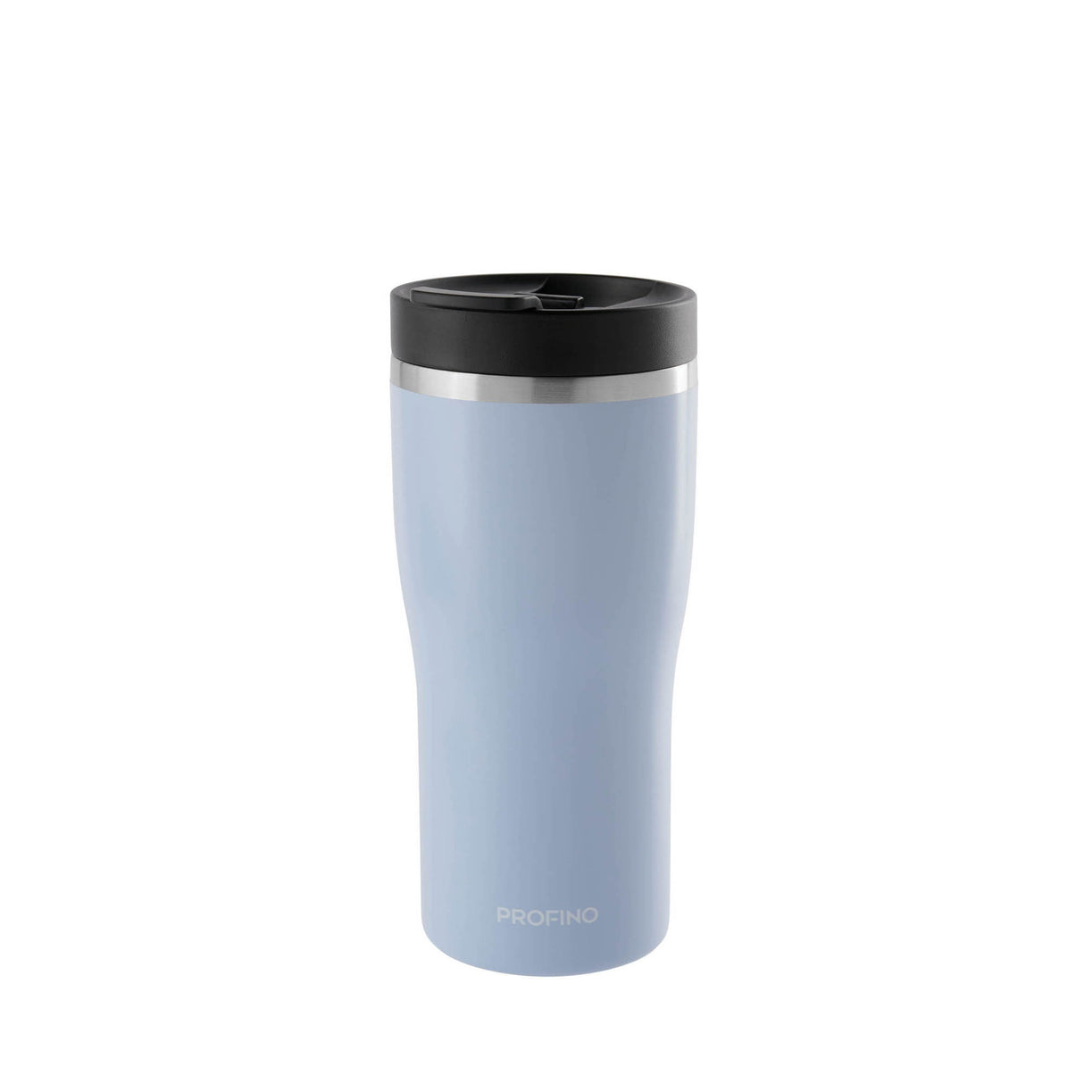 Hellblauer Thermobecher von PROFINO, BARISTA-Serie, mit stabilem Deckel und isolierender Wand für Heiß- und Kaltgetränke.