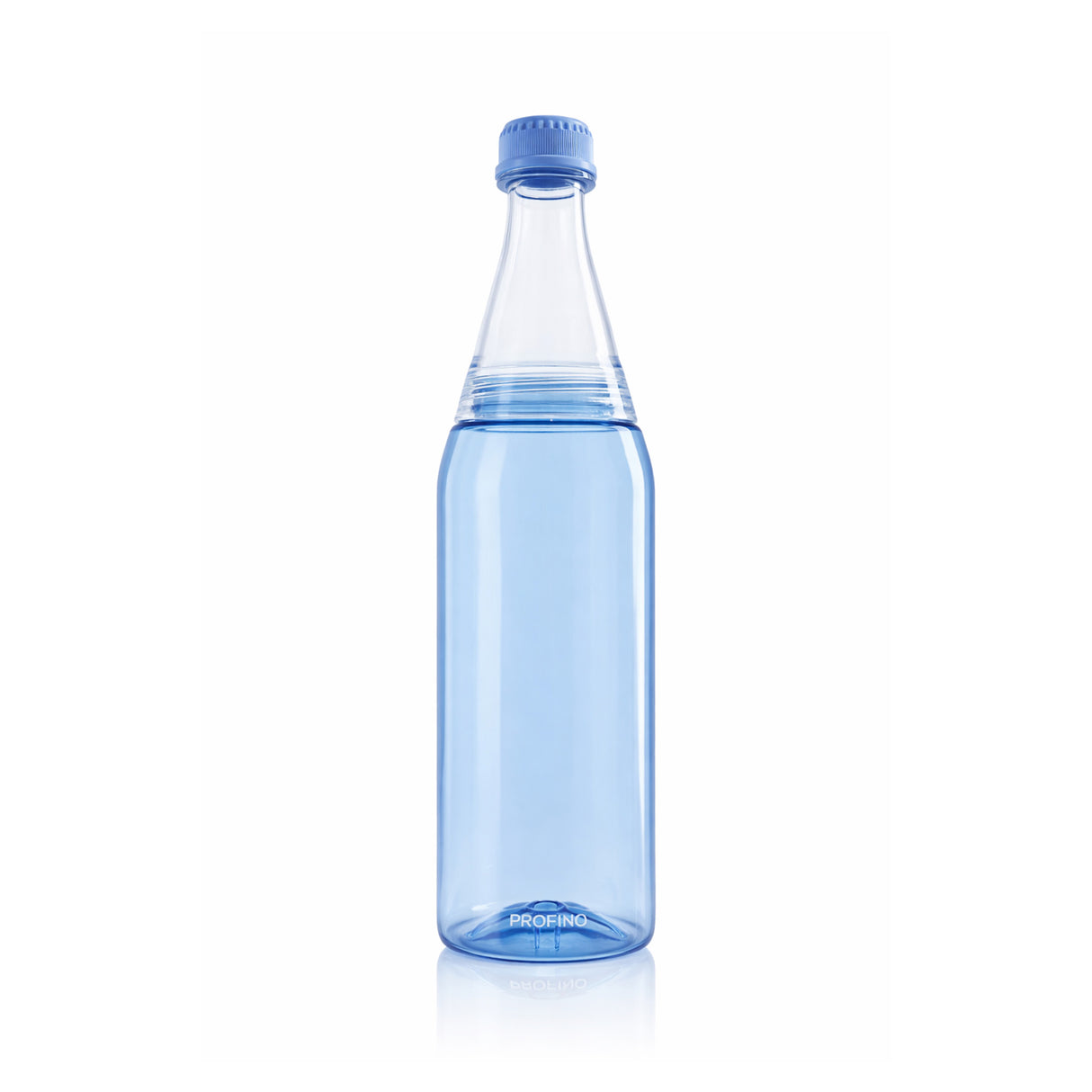 PROFINO Trinkflasche SPARKLE mit 600 ml Fassungsvermögen, aus durchsichtigem Kunststoff, mit blauer Verschluss und Silikondichtung.