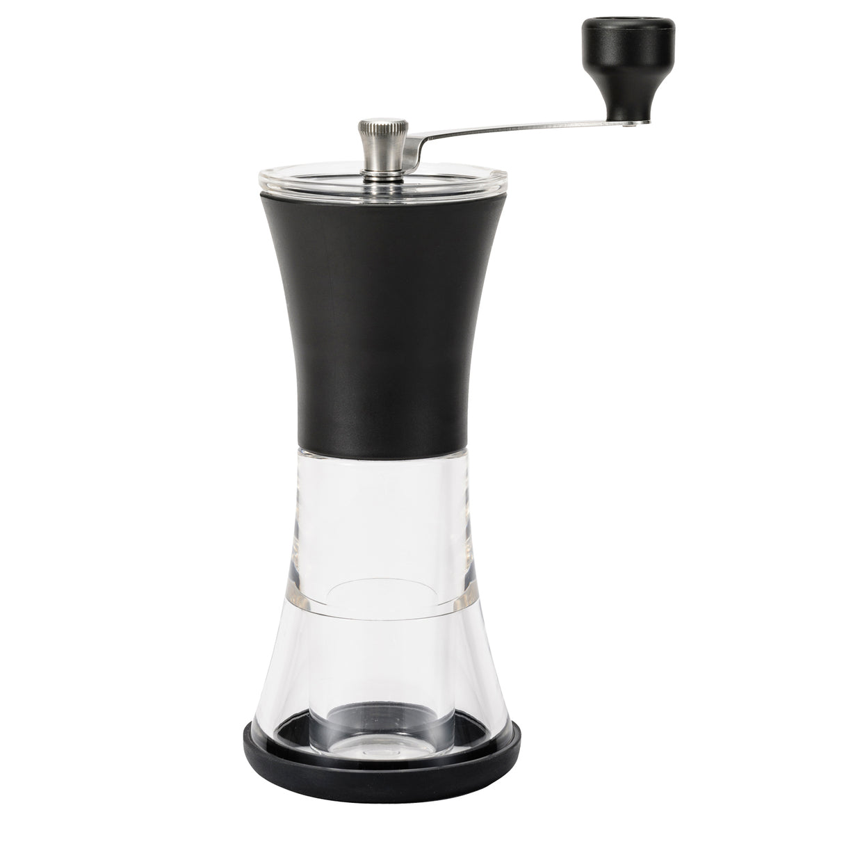 Schwarze KYOCERA Keramik-Kaffeemühle mit Deckel, Nahaufnahme der Mühle und ihrer Keramikmahlwerke.
