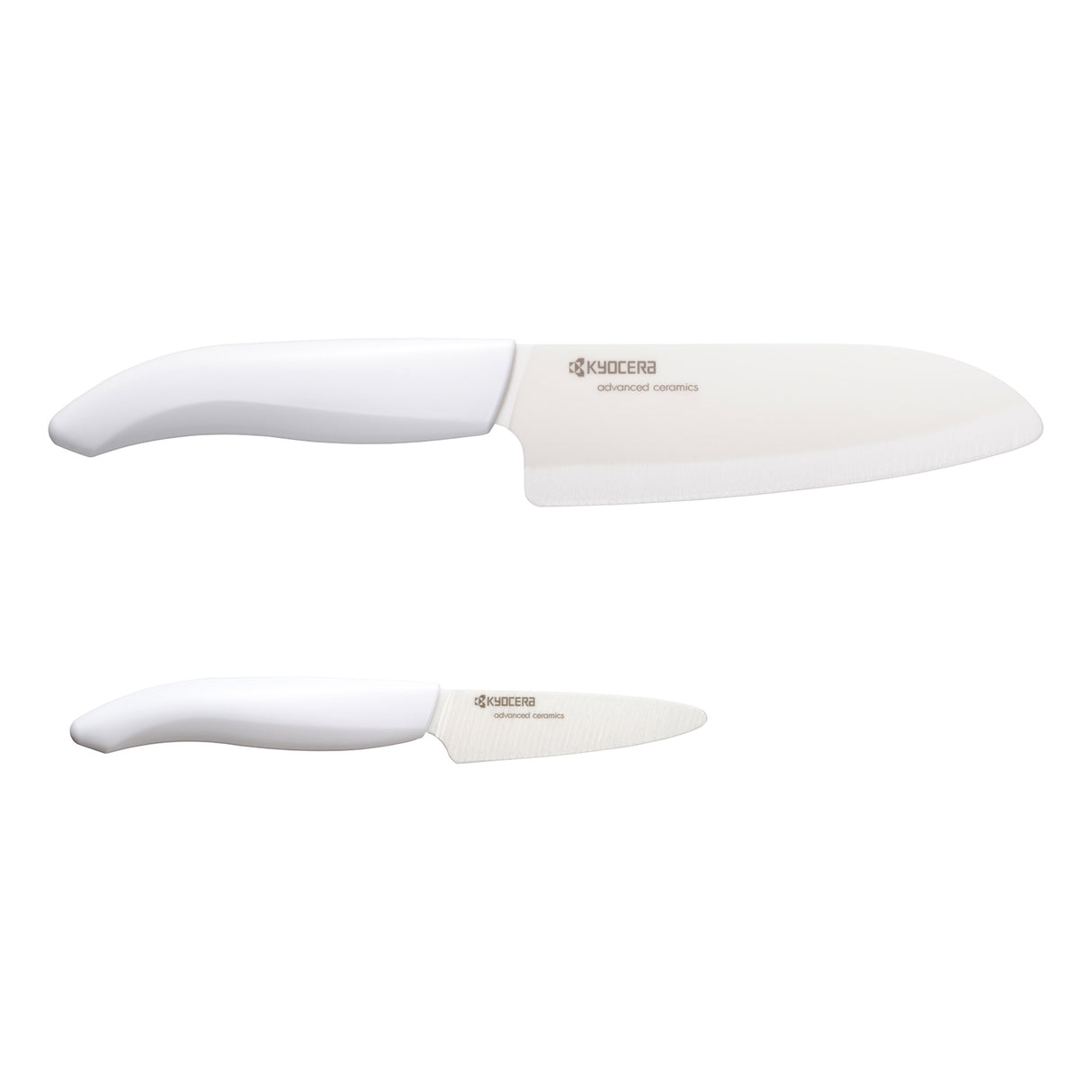 KYOCERA Keramik-Schäl- und Santokumesser Set, scharfe Küchenmesser aus Keramik für präzises Schneiden, auf weißem Hintergrund.