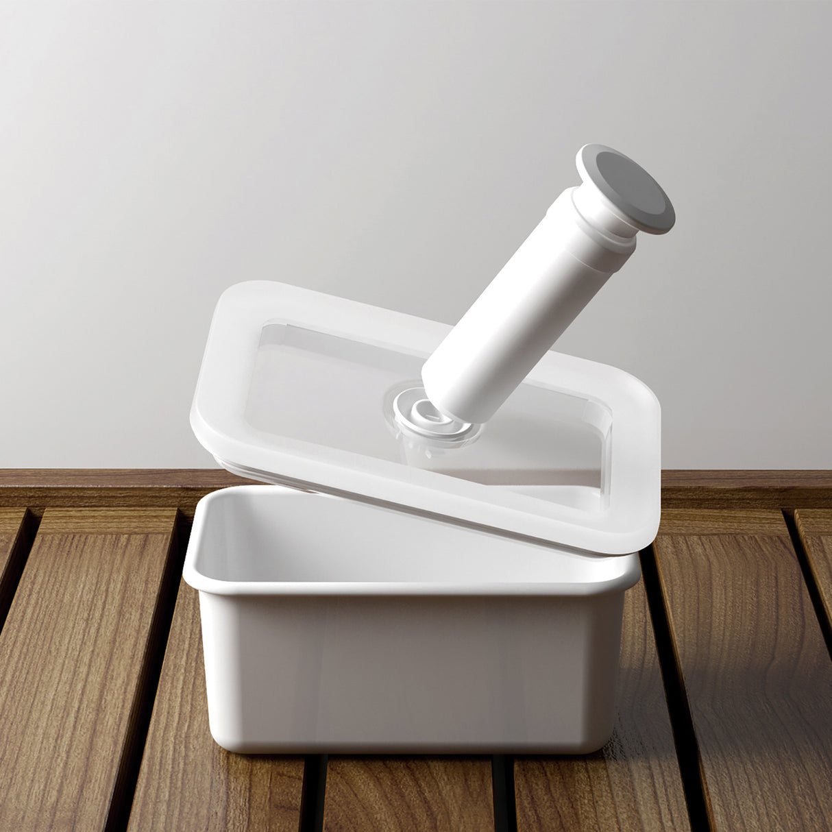 Weiße HONEYWARE Vakuum Pumpe aus Kunststoff, detailreiche Ansicht der Handhabung und Ventile.