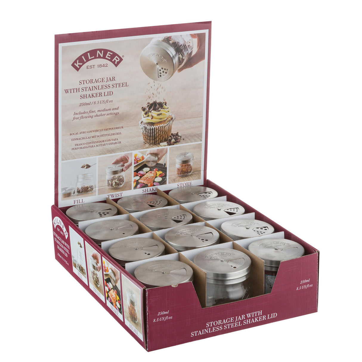 KILNER Streu-Gläschen aus klarem Glas, 250 ml, mit Schraubverschluss für Gewürze und Streugut.