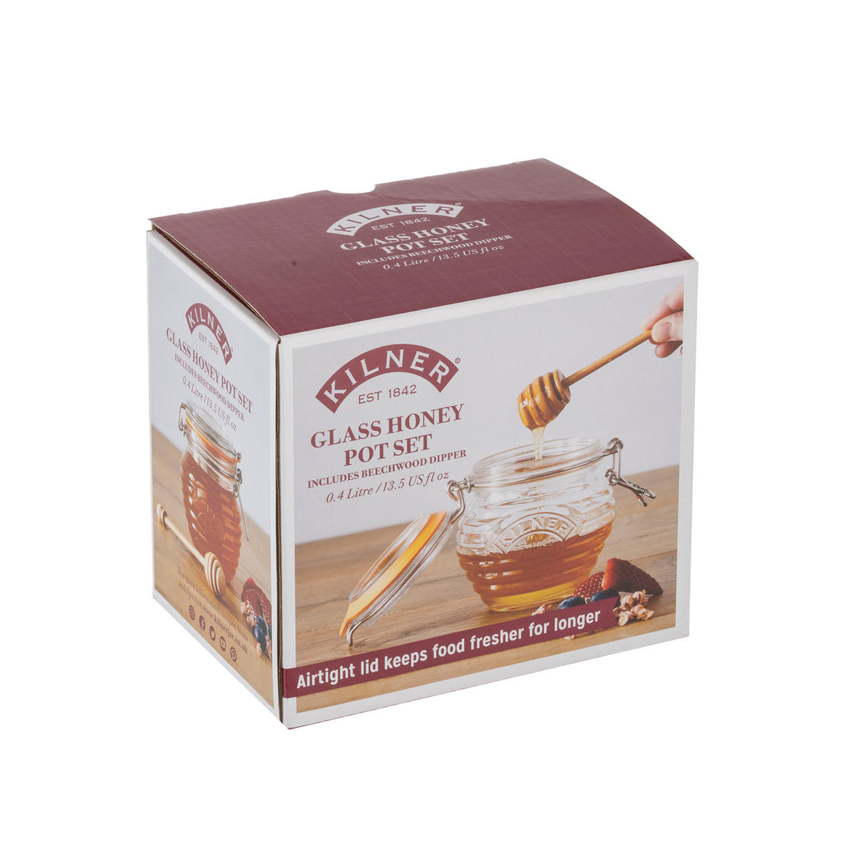 KILNER Honigtopf aus klarem Glas, 400 ml, mit Deckel, ideal zum Servieren von Honig.