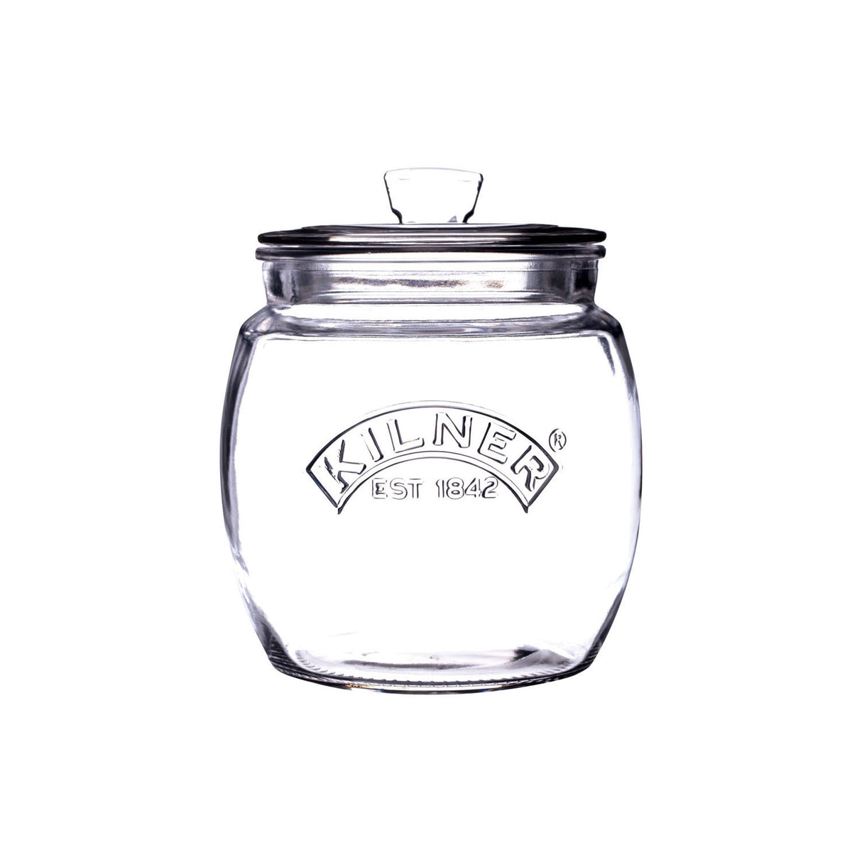Vorratsglas von KILNER mit weitem Hals und Glasdeckel, ideal für die Aufbewahrung von Lebensmitteln und Küchenutensilien.