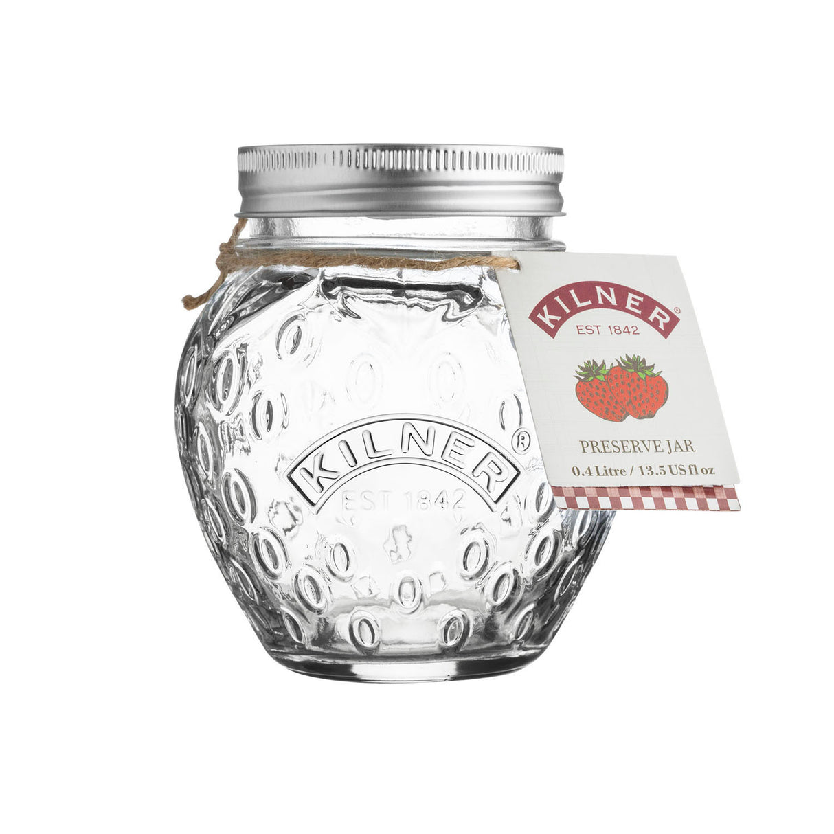 Transparente KILNER Marmeladenglas mit Schraubverschluss, ideal für Konfitüren und Eingemachtes, auf weißem Hintergrund.