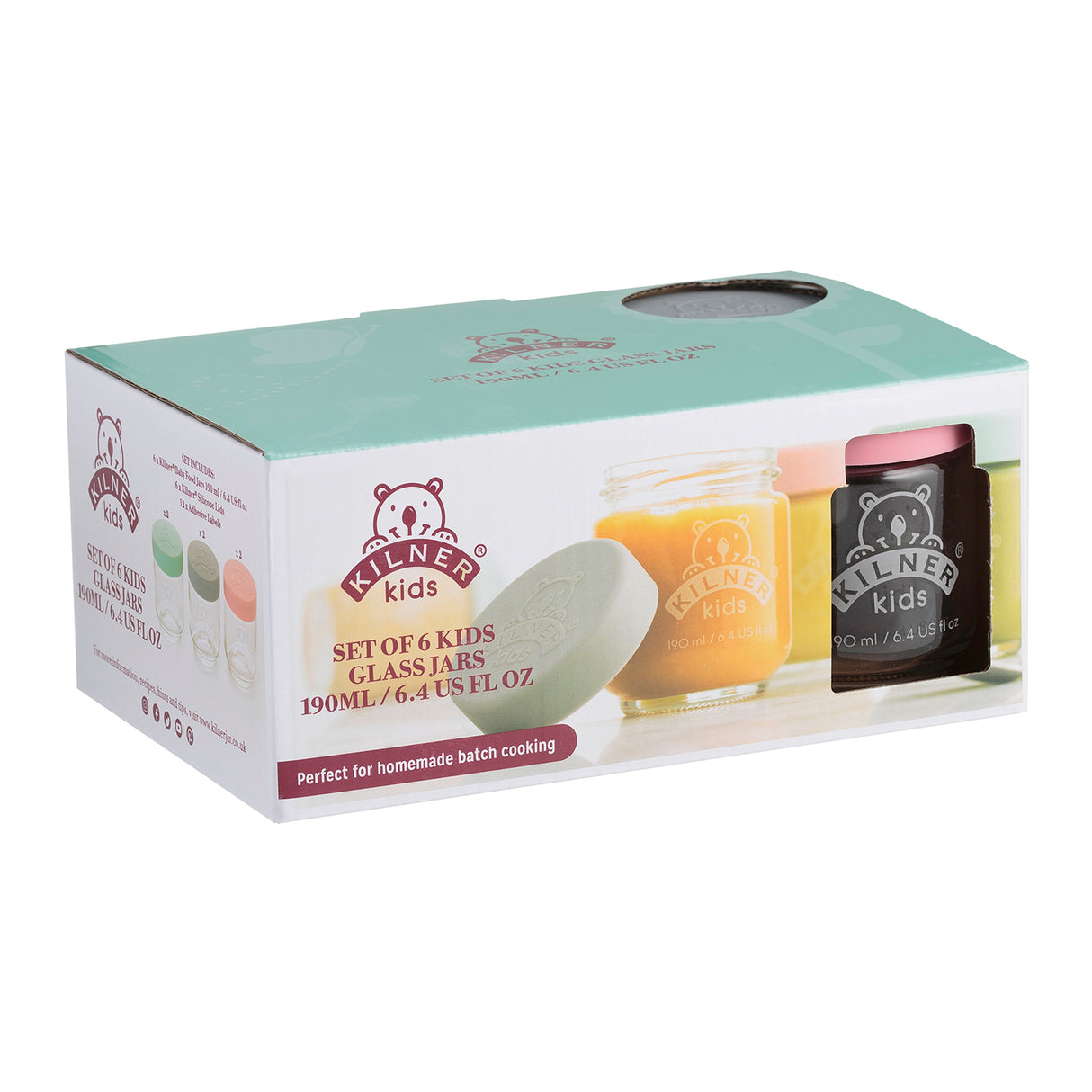 Bunte KILNER Babygläser in klarer Ausführung, ideal für Babynahrung, mit bunten Dekoren, auf weißem Hintergrund.