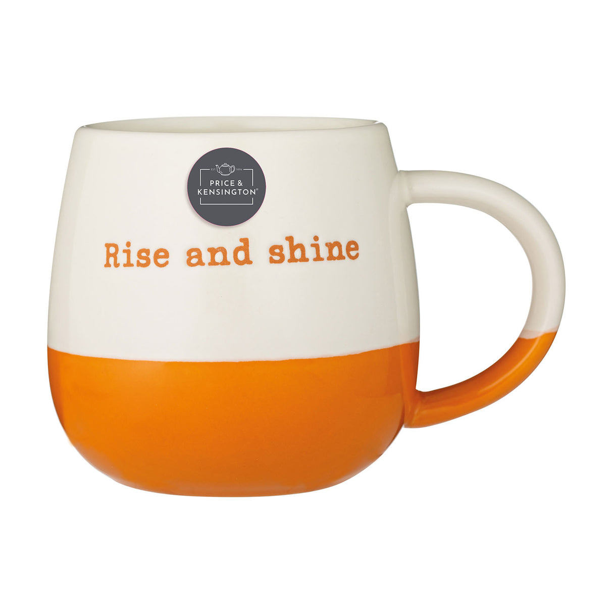 P & K Tasse „Rise and Shine“ in Orange mit weißen Buchstaben, Keramiktasse für Kaffee oder Tee, fröhliches Design