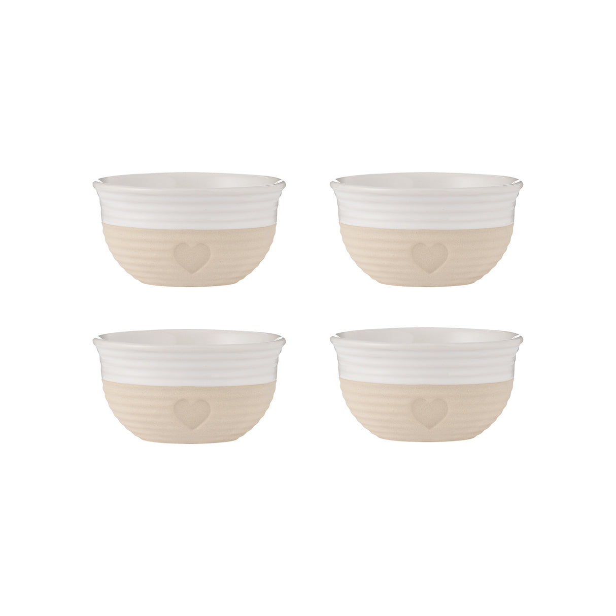Vier beige Schüsseln im Mason Cash Rustic Charm Set, langlebig und stilvoll für die Küche, aus robustem Keramik gefertigt