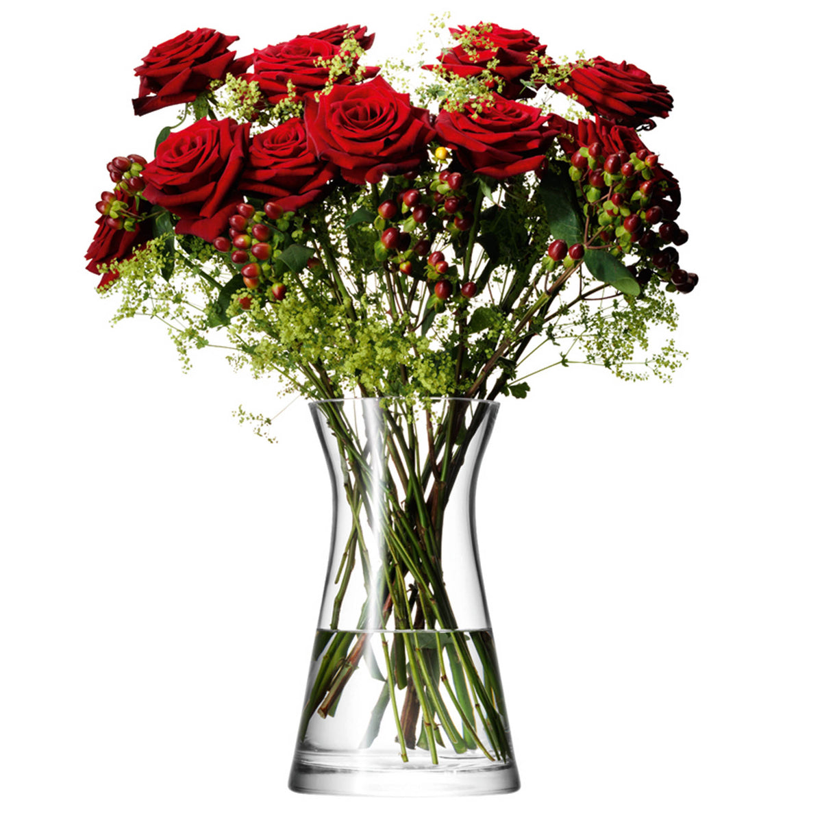 Clear glass vase with a 29cm height holding a mixed flower bouquet, designed by LSA.
