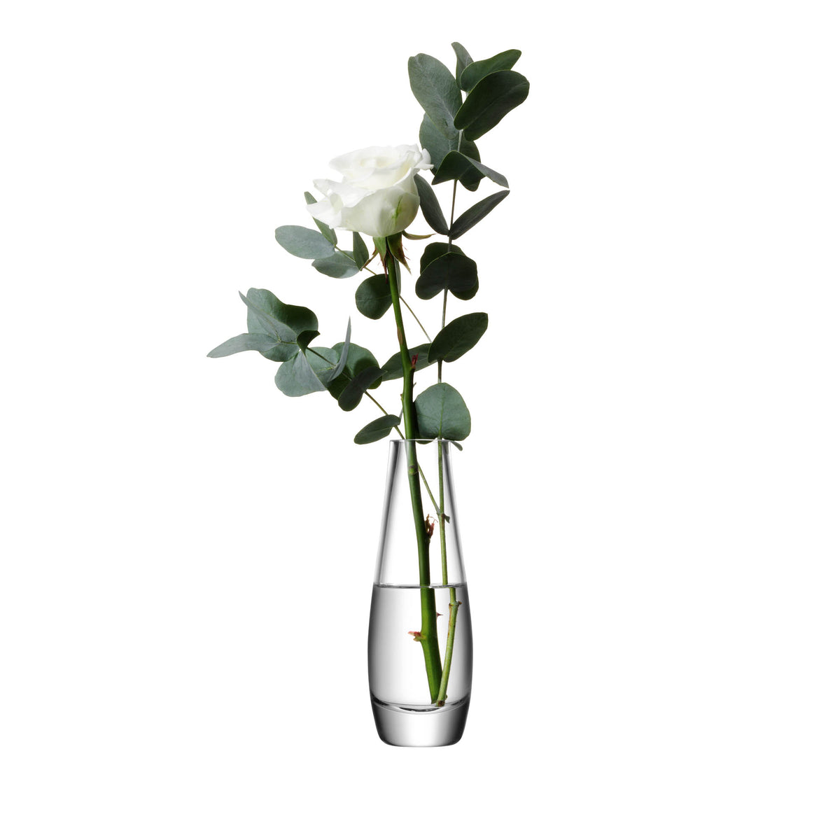 Clear glass LSA Flower single stem vase, 17cm tall, with a sleek, minimalist design perfect for holding a single flower.