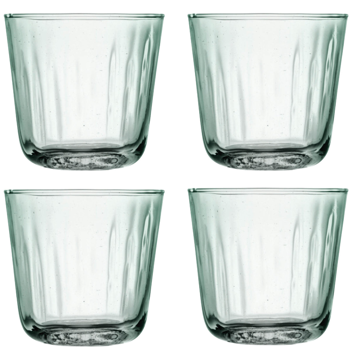 Set of four LSA Mia 250ml recycled glass tumblers with a part optic design, suitable for beverages and stylish table settings.