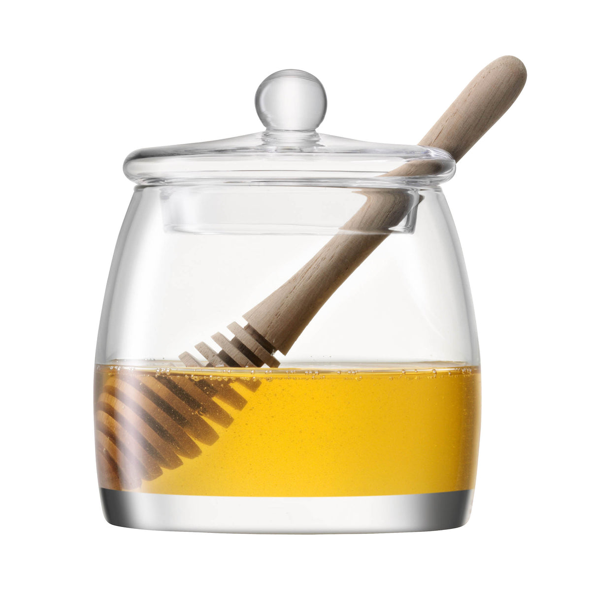 Clear LSA honey pot with wooden dipper, 12.5cm tall, made of glass, designed for serving honey in an elegant style.