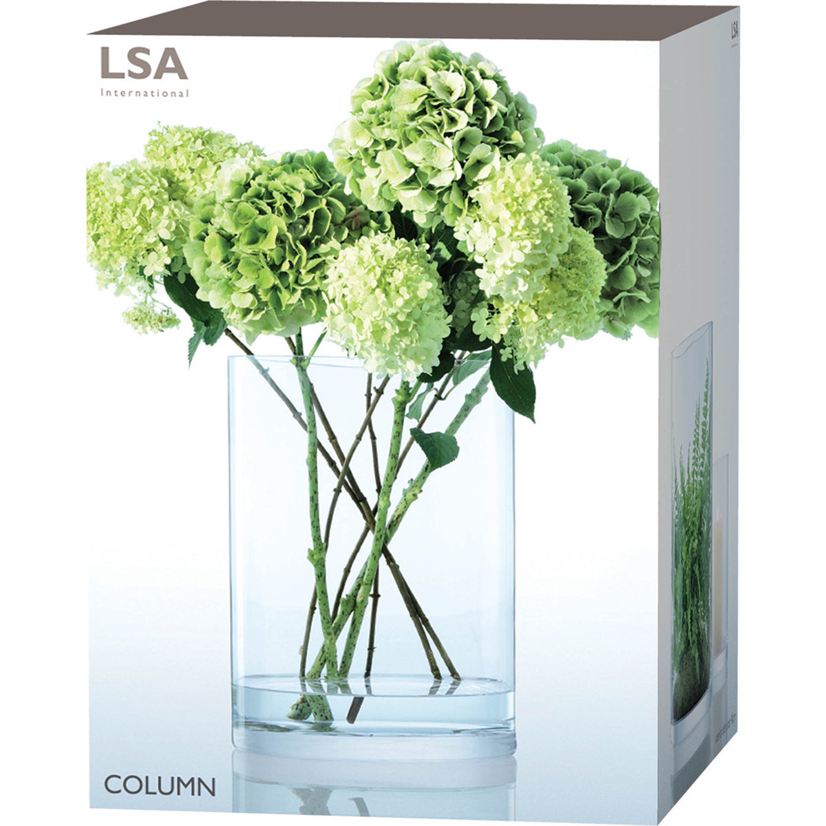 Clear LSA column vase or candleholder, 40cm tall with a 30cm diameter, featuring a sleek, cylindrical glass design.