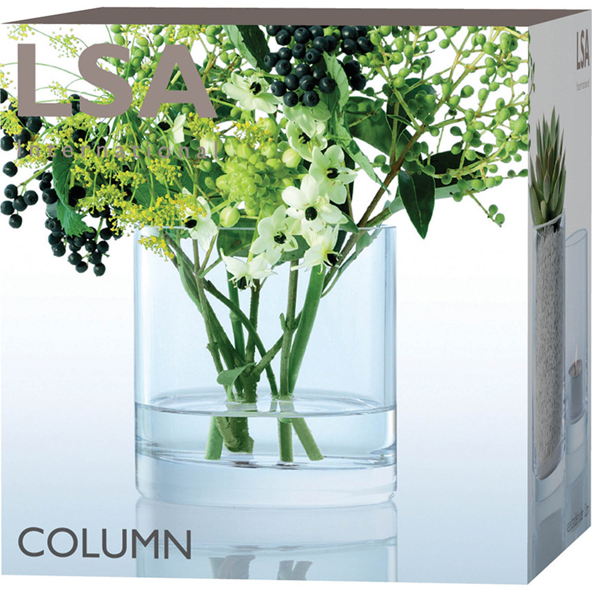 Clear LSA column vase or candleholder, H12cm and 12cm diameter, with a sleek cylindrical design and transparent glass finish.