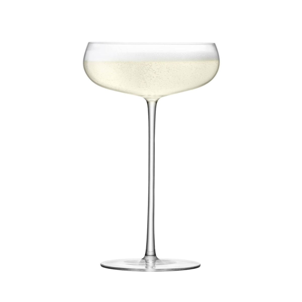 Pair of clear LSA Wine Culture Champagne saucers, 320ml, elegant glassware for sparkling wine presentation.