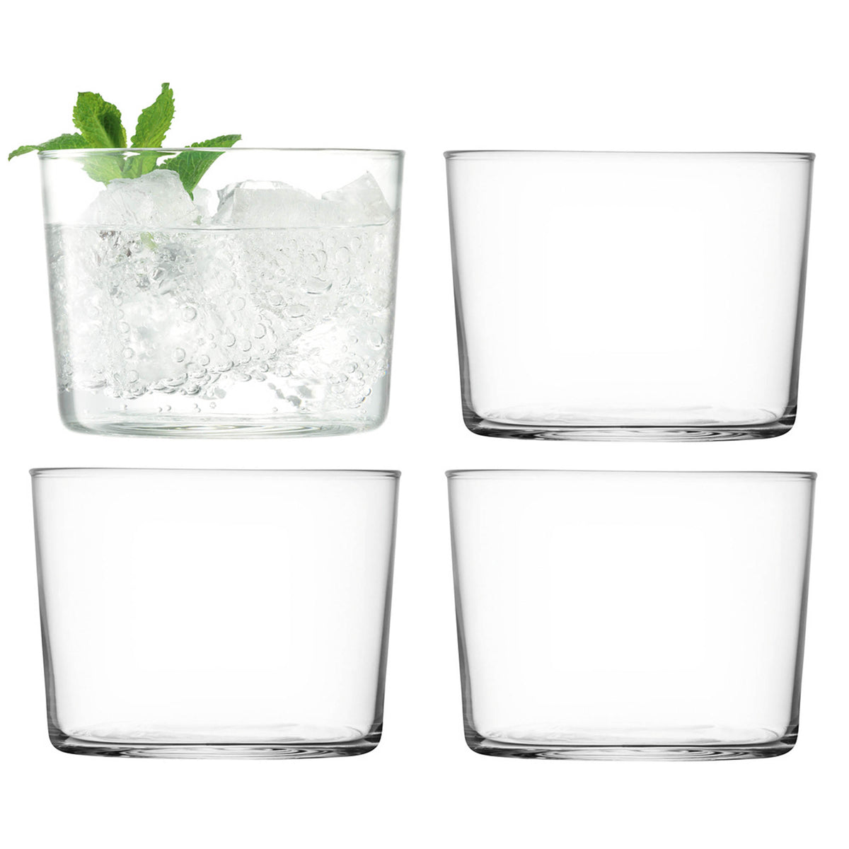 Set of four clear LSA Gio tumblers, 220ml capacity, showcasing sleek glass design for beverages.