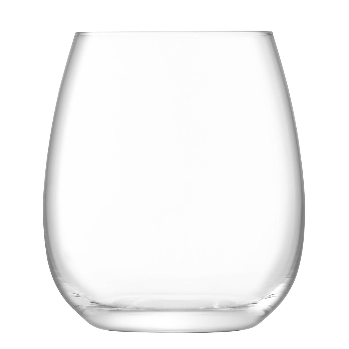 Set of four clear LSA Borough stemless wine glasses, 455ml capacity, with a modern, minimalist design.