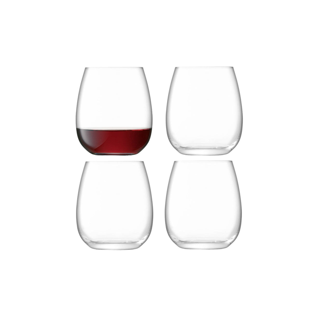 Set of four clear LSA Borough stemless wine glasses, 455ml capacity, stylish and modern design for serving wine.
