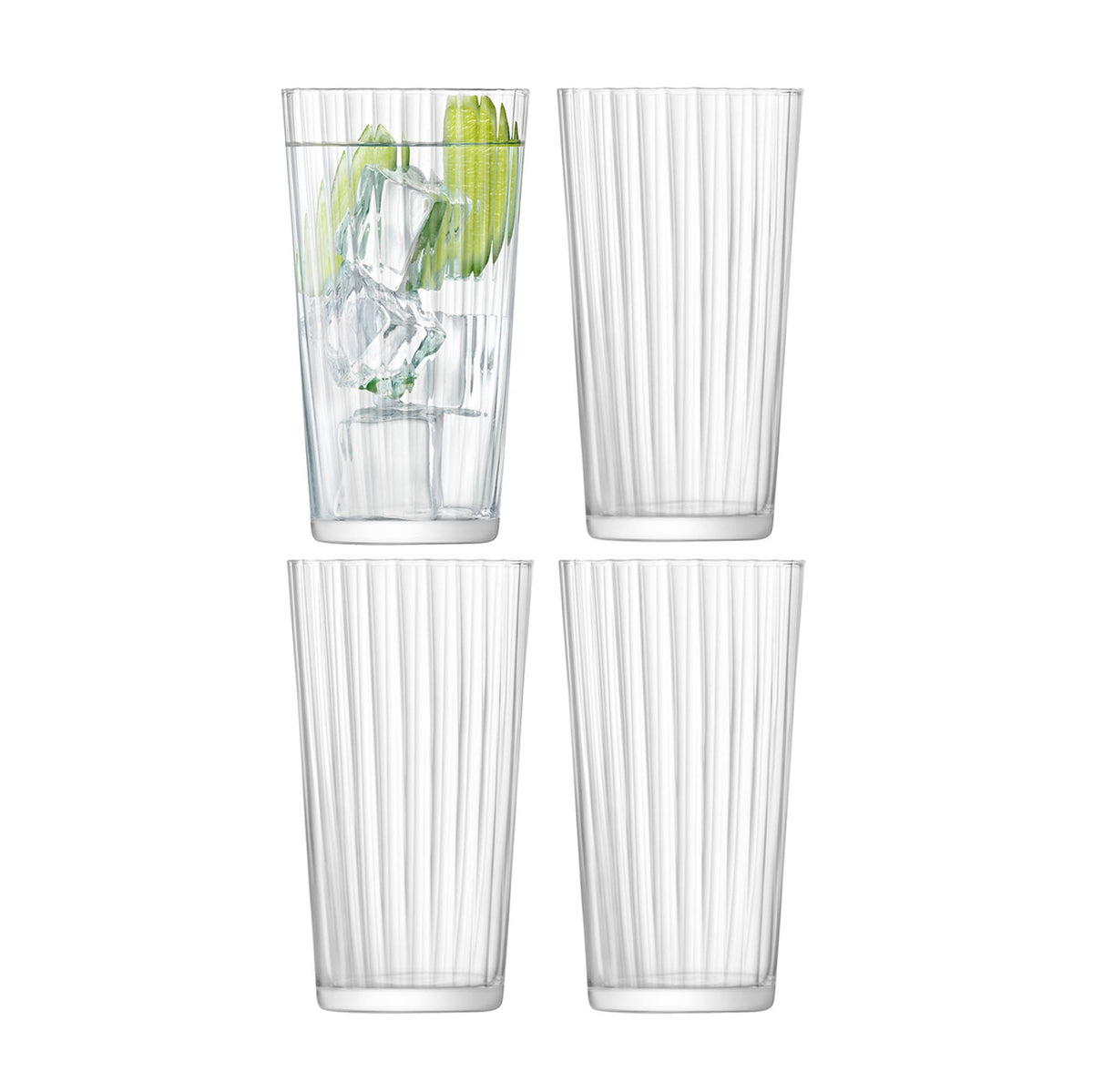 Set of four large LSA Gio Line Juice Glasses, 320ml clear longdrink glasses for fresh fruit juices and beverages.