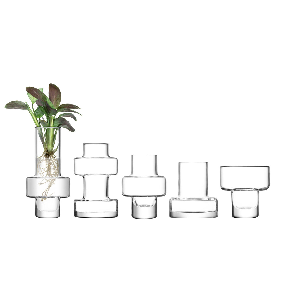 Set of five clear LSA Metropole mini vases in varying sizes (7cm to 15cm) with sleek, minimalist design.